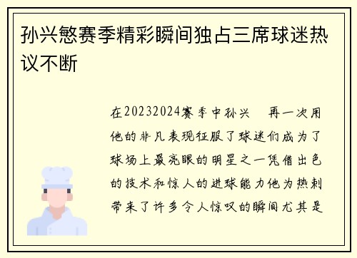 孙兴慜赛季精彩瞬间独占三席球迷热议不断