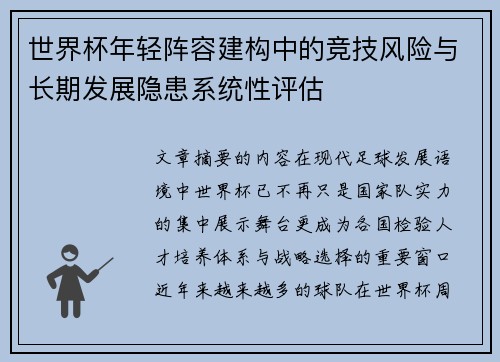 世界杯年轻阵容建构中的竞技风险与长期发展隐患系统性评估
